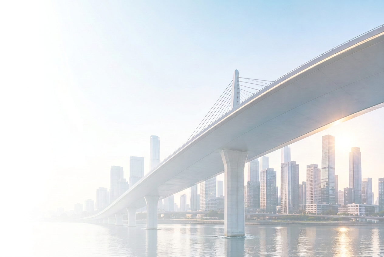 Modern cable-stayed bridge crossing a city skyline at sunrise